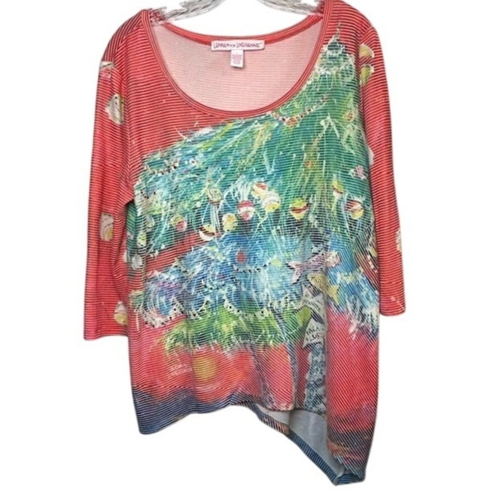 Leoma Lovegrove Women's Christmas Graphic 3/4 Sleeve Sharkbite Hem Top LG